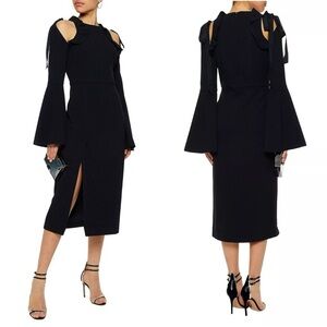 Rebecca Vallance Gigi Black Cold Shoulder Ruffle Midi Dress Size 2